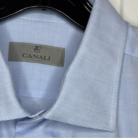 EUC CANALI Men's Light Blue Tiny Checkered Dress Shirt size 44 17.5 - Picture 9 of 10